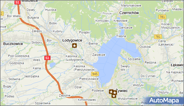 mapa Zarzecze gmina Łodygowice, Zarzecze gmina Łodygowice na mapie Targeo