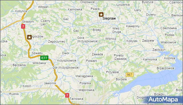 mapa Zawada gmina Myślenice, Zawada gmina Myślenice na mapie Targeo