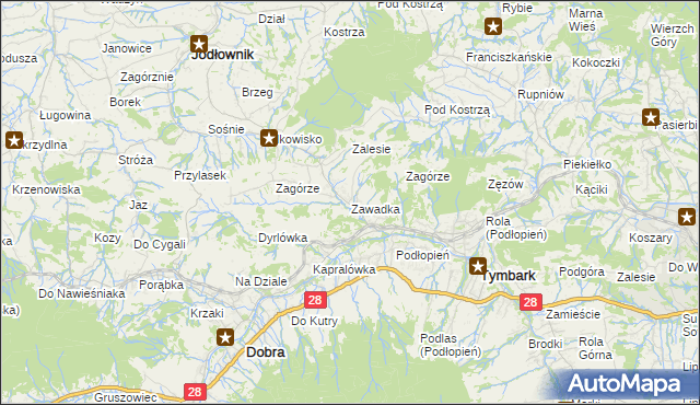 mapa Zawadka gmina Tymbark, Zawadka gmina Tymbark na mapie Targeo