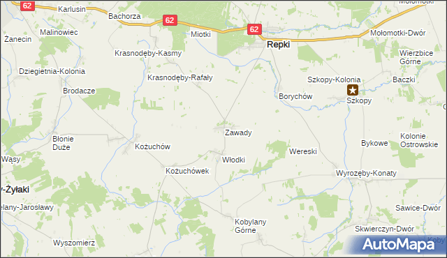 mapa Zawady gmina Repki, Zawady gmina Repki na mapie Targeo