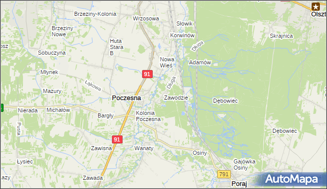 mapa Zawodzie gmina Poczesna, Zawodzie gmina Poczesna na mapie Targeo