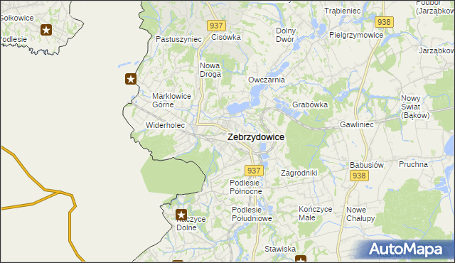 mapa Zebrzydowice powiat cieszyński, Zebrzydowice powiat cieszyński na mapie Targeo