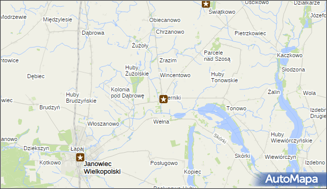 mapa Żerniki gmina Janowiec Wielkopolski, Żerniki gmina Janowiec Wielkopolski na mapie Targeo