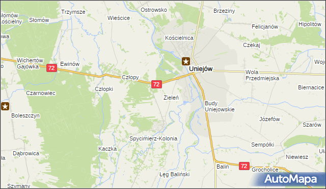 mapa Zieleń gmina Uniejów, Zieleń gmina Uniejów na mapie Targeo