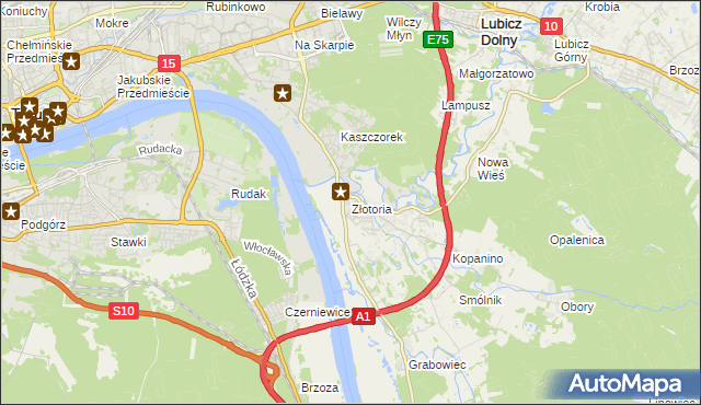 mapa Złotoria gmina Lubicz, Złotoria gmina Lubicz na mapie Targeo