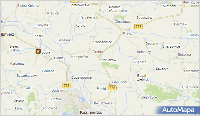 mapa Broniszów gmina Kazimierza Wielka, Broniszów gmina Kazimierza Wielka na mapie Targeo