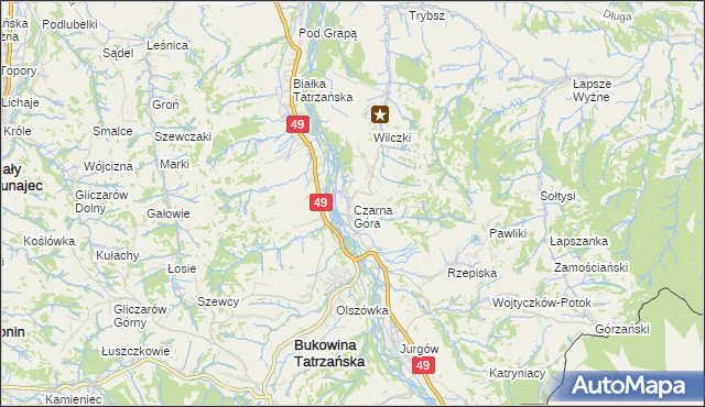 mapa Czarna Góra gmina Bukowina Tatrzańska, Czarna Góra gmina Bukowina Tatrzańska na mapie Targeo