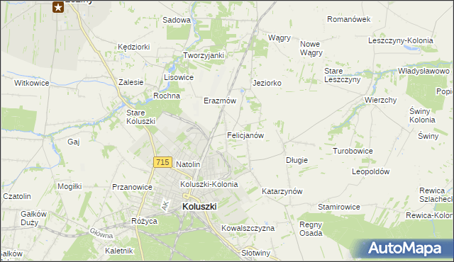 mapa Felicjanów gmina Koluszki, Felicjanów gmina Koluszki na mapie Targeo
