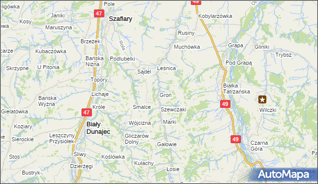 mapa Groń gmina Bukowina Tatrzańska, Groń gmina Bukowina Tatrzańska na mapie Targeo