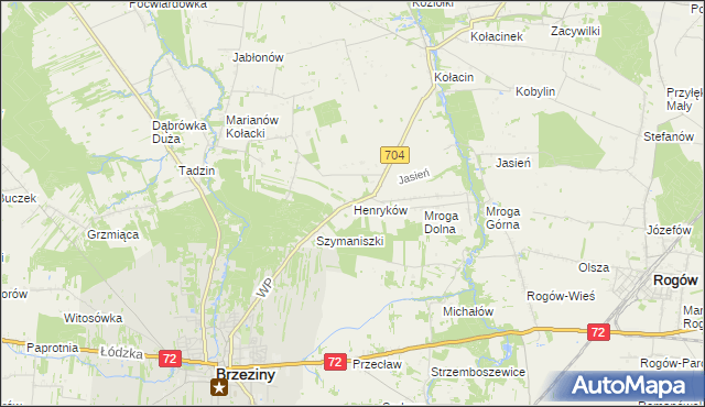 mapa Henryków gmina Brzeziny, Henryków gmina Brzeziny na mapie Targeo