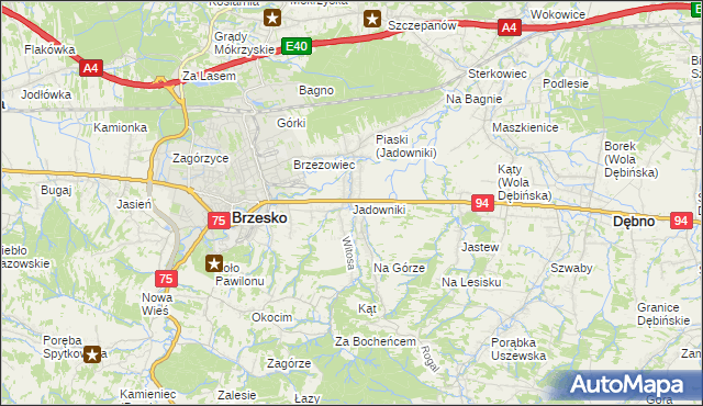 mapa Jadowniki gmina Brzesko, Jadowniki gmina Brzesko na mapie Targeo