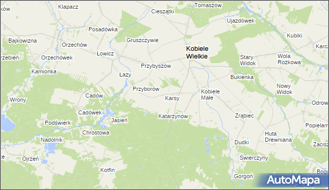 mapa Karsy gmina Kobiele Wielkie, Karsy gmina Kobiele Wielkie na mapie Targeo