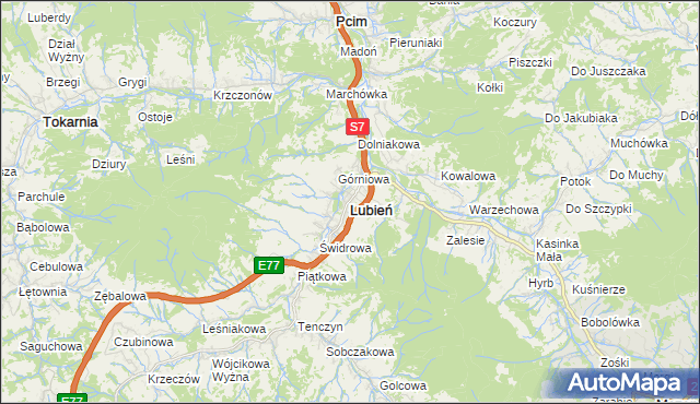 mapa Lubień powiat myślenicki, Lubień powiat myślenicki na mapie Targeo