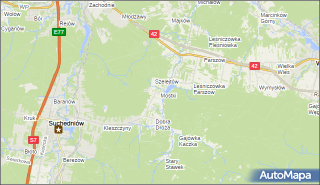 mapa Mostki gmina Suchedniów, Mostki gmina Suchedniów na mapie Targeo