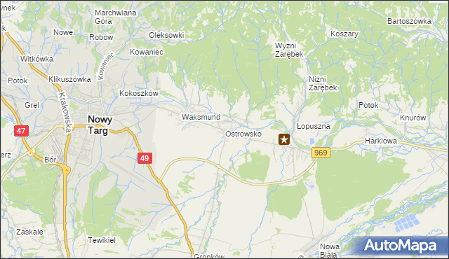 mapa Ostrowsko gmina Nowy Targ, Ostrowsko gmina Nowy Targ na mapie Targeo