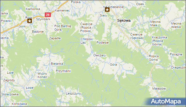 mapa Owczary gmina Sękowa, Owczary gmina Sękowa na mapie Targeo