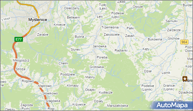 mapa Poręba gmina Myślenice, Poręba gmina Myślenice na mapie Targeo