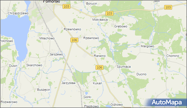 mapa Rarwino gmina Kamień Pomorski, Rarwino gmina Kamień Pomorski na mapie Targeo