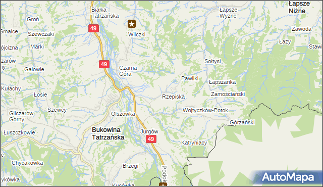 mapa Rzepiska gmina Bukowina Tatrzańska, Rzepiska gmina Bukowina Tatrzańska na mapie Targeo