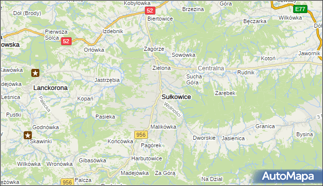 mapa Sułkowice powiat myślenicki, Sułkowice powiat myślenicki na mapie Targeo