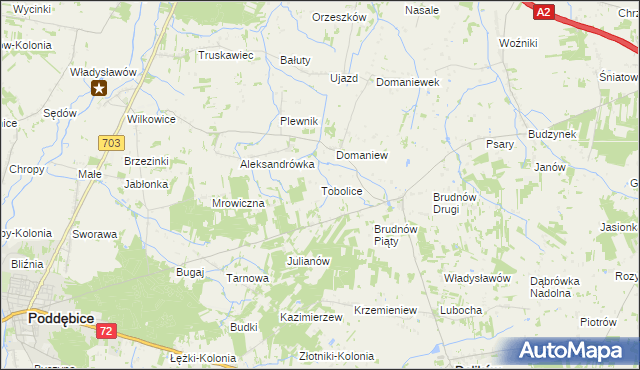 mapa Tobolice gmina Dalików, Tobolice gmina Dalików na mapie Targeo