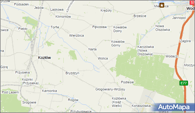 mapa Wolica gmina Kozłów, Wolica gmina Kozłów na mapie Targeo