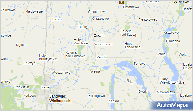 mapa Żerniki gmina Janowiec Wielkopolski, Żerniki gmina Janowiec Wielkopolski na mapie Targeo