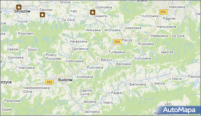 mapa Baczyn gmina Budzów, Baczyn gmina Budzów na mapie Targeo