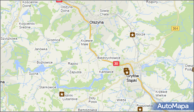 mapa Biedrzychowice gmina Olszyna, Biedrzychowice gmina Olszyna na mapie Targeo