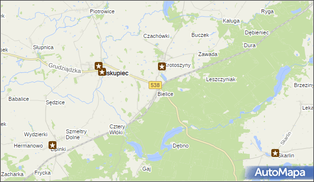 mapa Bielice gmina Biskupiec, Bielice gmina Biskupiec na mapie Targeo