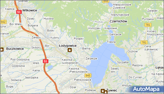 mapa Bierna gmina Łodygowice, Bierna gmina Łodygowice na mapie Targeo