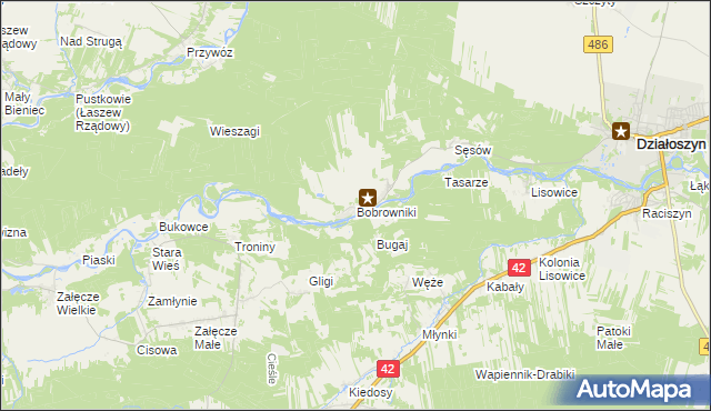 mapa Bobrowniki gmina Działoszyn, Bobrowniki gmina Działoszyn na mapie Targeo