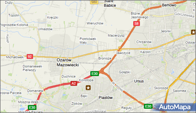 mapa Bronisze gmina Ożarów Mazowiecki, Bronisze gmina Ożarów Mazowiecki na mapie Targeo