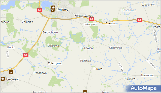 mapa Bukowina gmina Pniewy, Bukowina gmina Pniewy na mapie Targeo