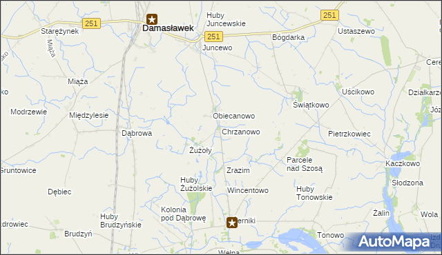 mapa Chrzanowo gmina Janowiec Wielkopolski, Chrzanowo gmina Janowiec Wielkopolski na mapie Targeo