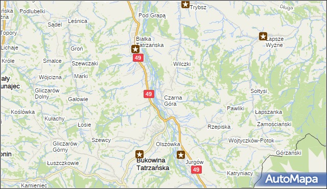 mapa Czarna Góra gmina Bukowina Tatrzańska, Czarna Góra gmina Bukowina Tatrzańska na mapie Targeo