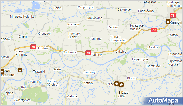 mapa Dolany gmina Koszyce, Dolany gmina Koszyce na mapie Targeo