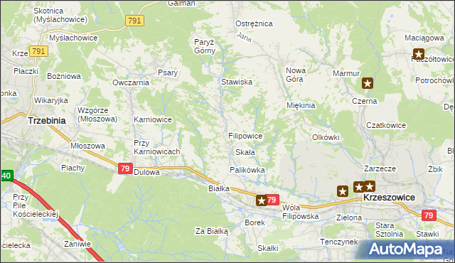 mapa Filipowice gmina Krzeszowice, Filipowice gmina Krzeszowice na mapie Targeo