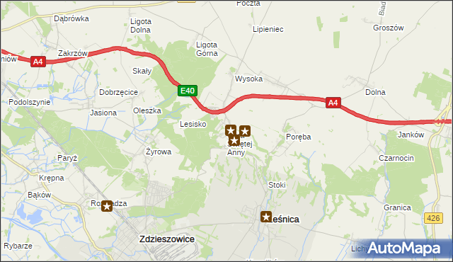 mapa Góra Świętej Anny gmina Leśnica, Góra Świętej Anny gmina Leśnica na mapie Targeo