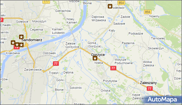 mapa Gorzyce powiat tarnobrzeski, Gorzyce powiat tarnobrzeski na mapie Targeo