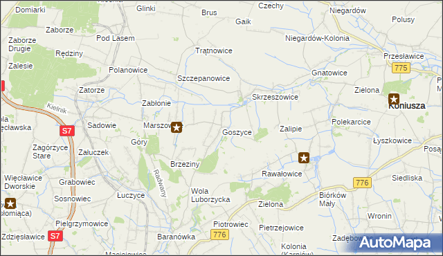 mapa Goszyce gmina Kocmyrzów-Luborzyca, Goszyce gmina Kocmyrzów-Luborzyca na mapie Targeo