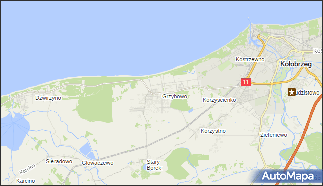 mapa Grzybowo gmina Kołobrzeg, Grzybowo gmina Kołobrzeg na mapie Targeo
