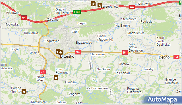 mapa Jadowniki gmina Brzesko, Jadowniki gmina Brzesko na mapie Targeo