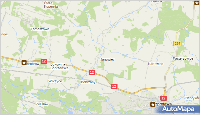 mapa Janowiec gmina Małomice, Janowiec gmina Małomice na mapie Targeo