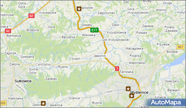 mapa Jawornik gmina Myślenice, Jawornik gmina Myślenice na mapie Targeo