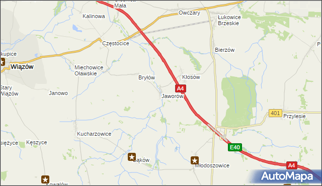 mapa Jaworów gmina Wiązów, Jaworów gmina Wiązów na mapie Targeo