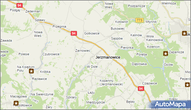 mapa Jerzmanowice gmina Jerzmanowice-Przeginia, Jerzmanowice gmina Jerzmanowice-Przeginia na mapie Targeo