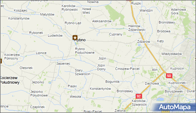 mapa Józin gmina Rybno, Józin gmina Rybno na mapie Targeo