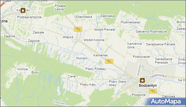 mapa Kamieniec gmina Bodzentyn, Kamieniec gmina Bodzentyn na mapie Targeo
