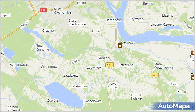 mapa Karolew gmina Gąbin, Karolew gmina Gąbin na mapie Targeo